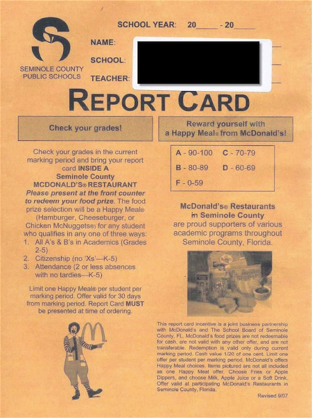 Mc Donalds on your kids report card