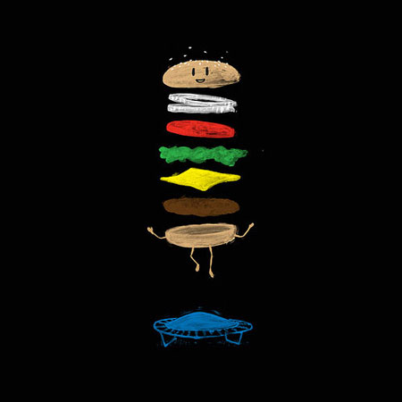 A hamburger on a trampoline