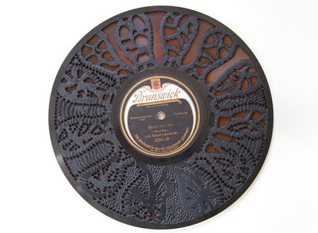 Burn-carved vintage records by Scott Marr