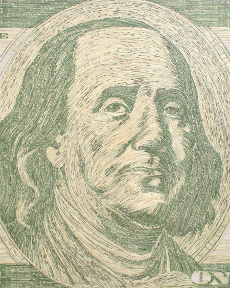 Portraits made from strips of shredded money