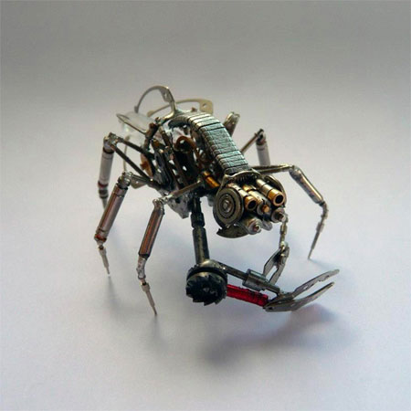 Mechanical arthropods and insects made from watch parts and light bulbs