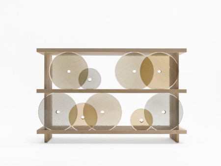 Rotating Glass Discs Shelving Unit by Nendo