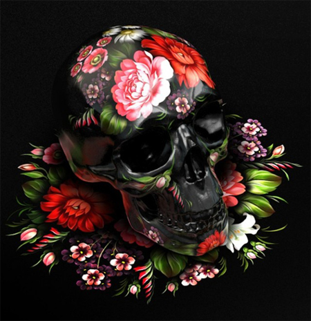 Skulls painted in Russian folk art style