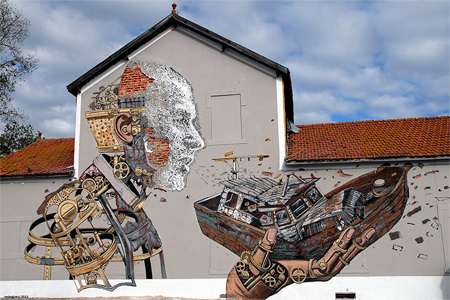 Street art by Pixel Pancho and Vhils