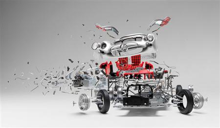 Handmade views of exploded automobiles