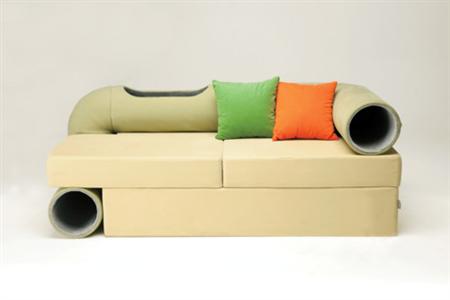 A sofa with a cat tunnel