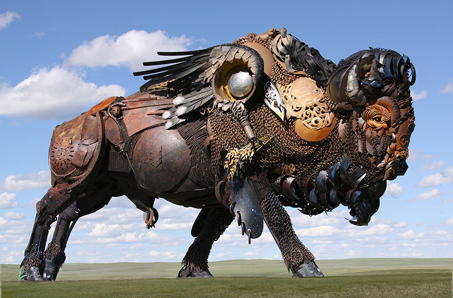 Scrap metal sculptures made of old farm equipment