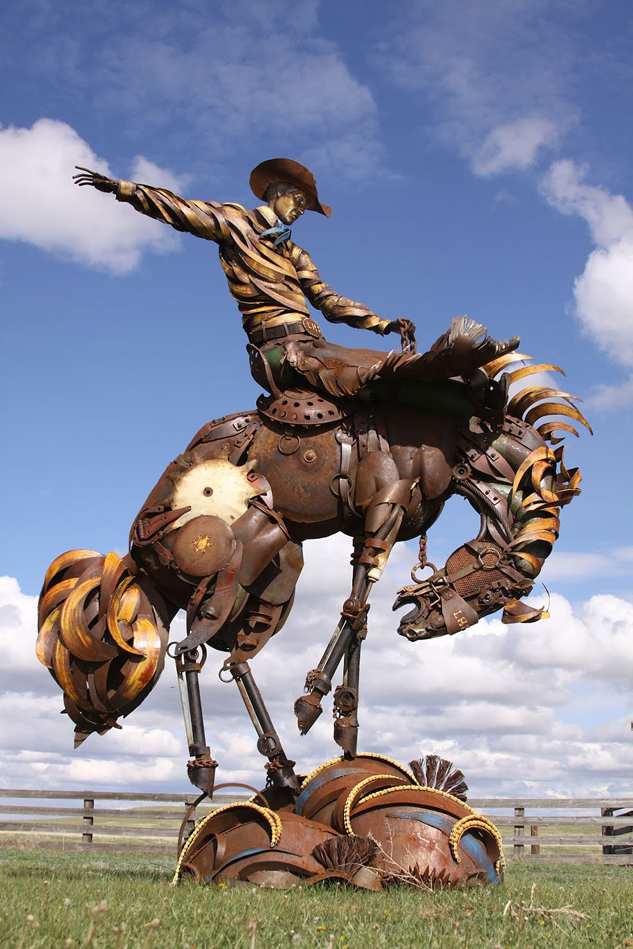 Scrap metal sculptures made of old farm equipment