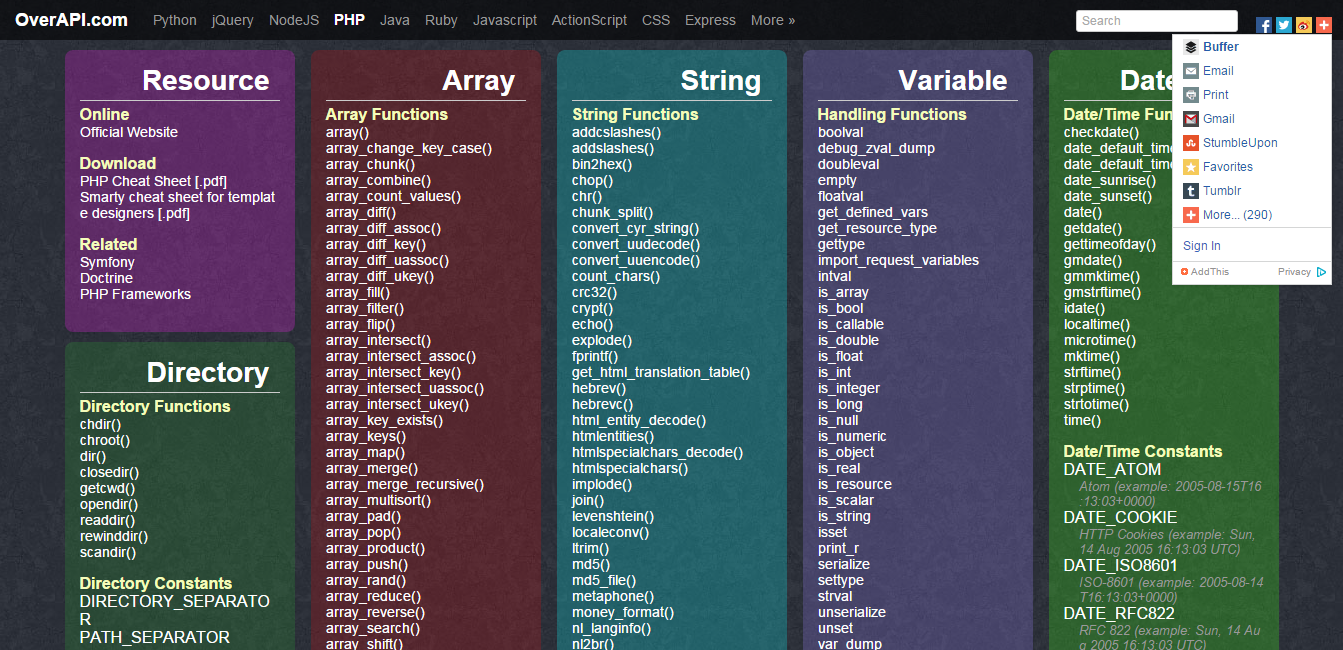 PHP Cheat Sheet   OverAPI.com