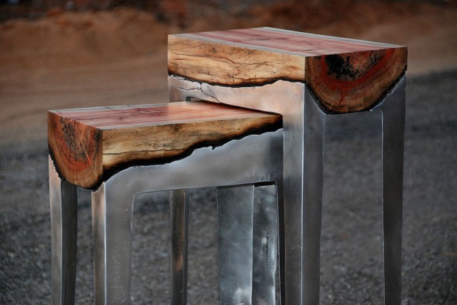 Wood and aluminum stools and tables