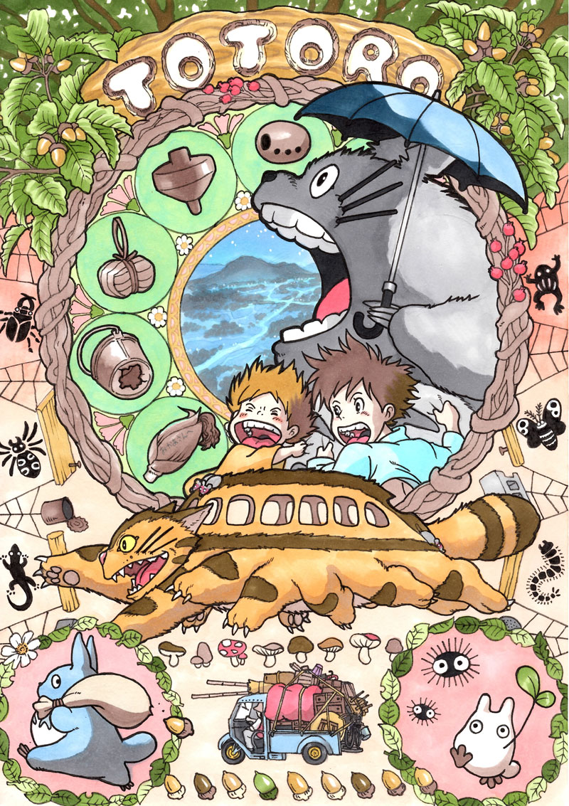 Studio Ghibli characters in the style of Art Nouveau