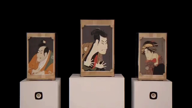 Famous japanese prints animated using mechanical wooden frames