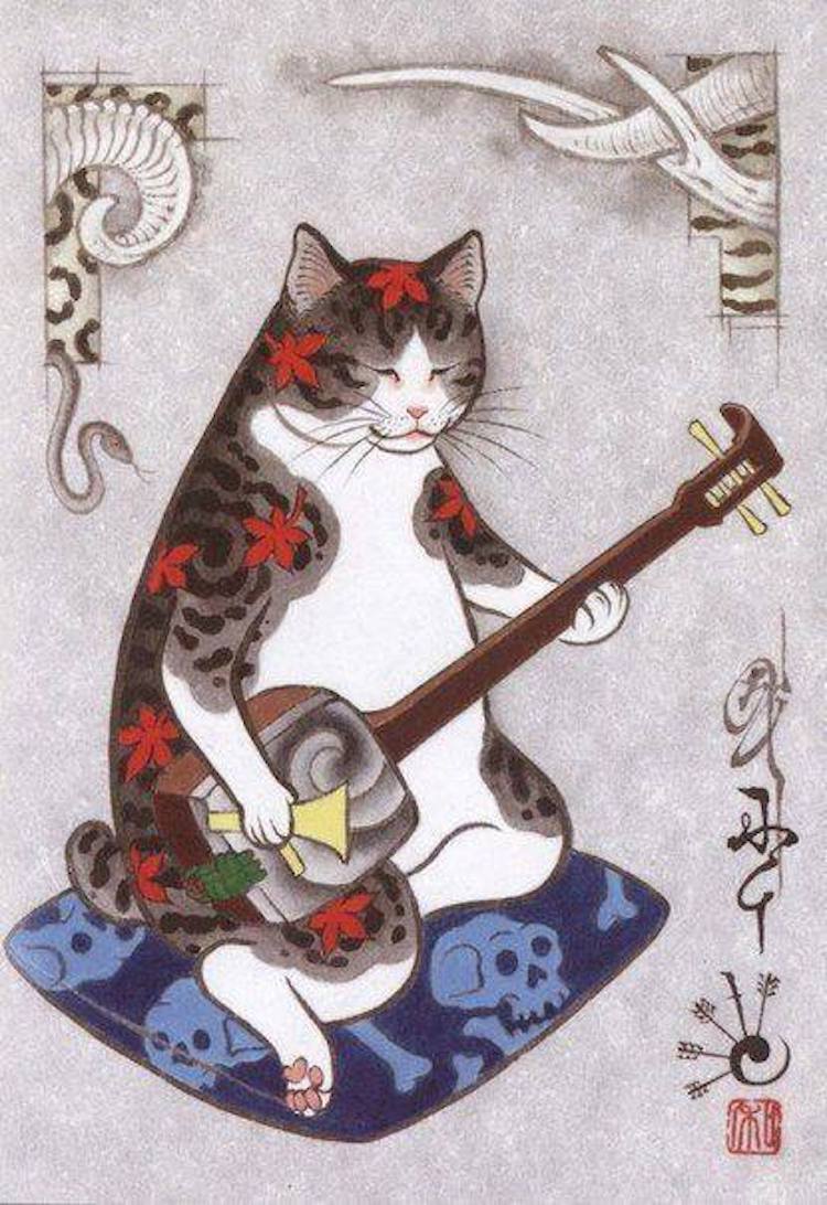 Japanese artist Kazuaki Horitomo creates badass tattooed cats illustrations