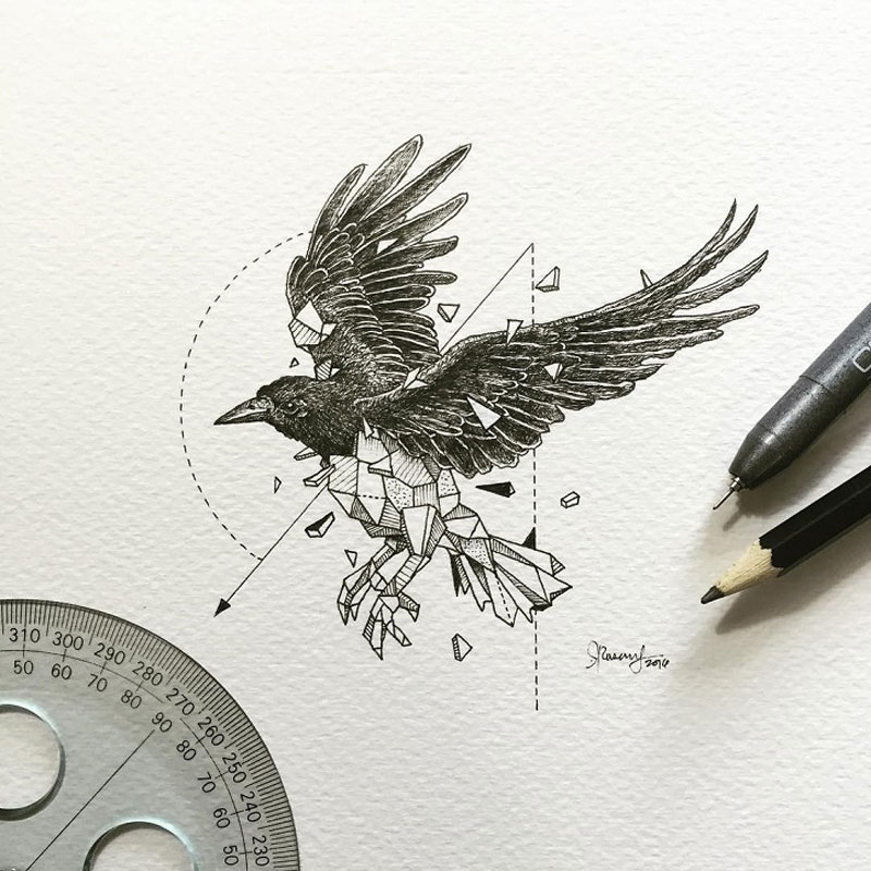 Illustrations of wild animals bursting out of geometric encasings