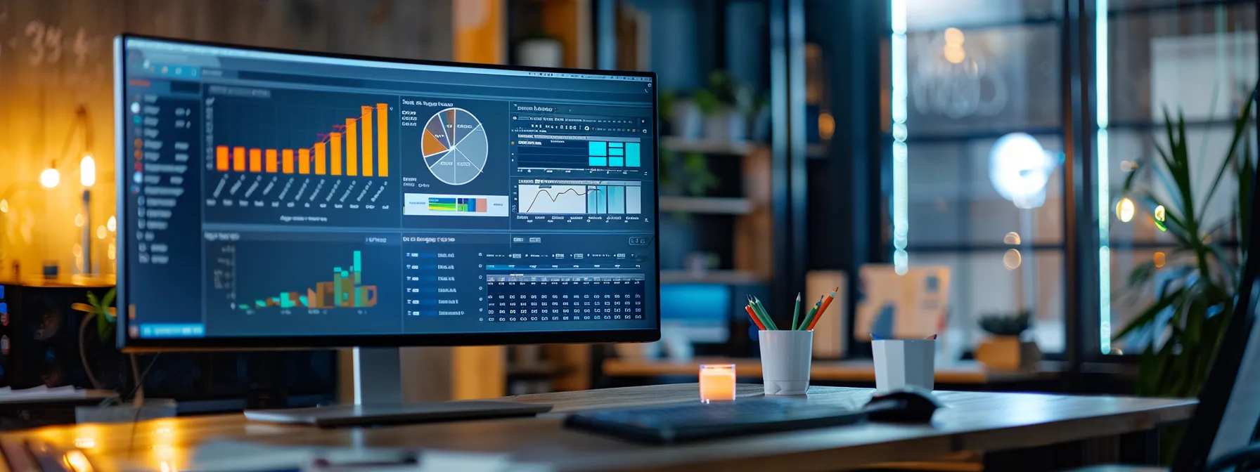 A computer monitor displaying graphs illustrating integrated account planning software with business systems.